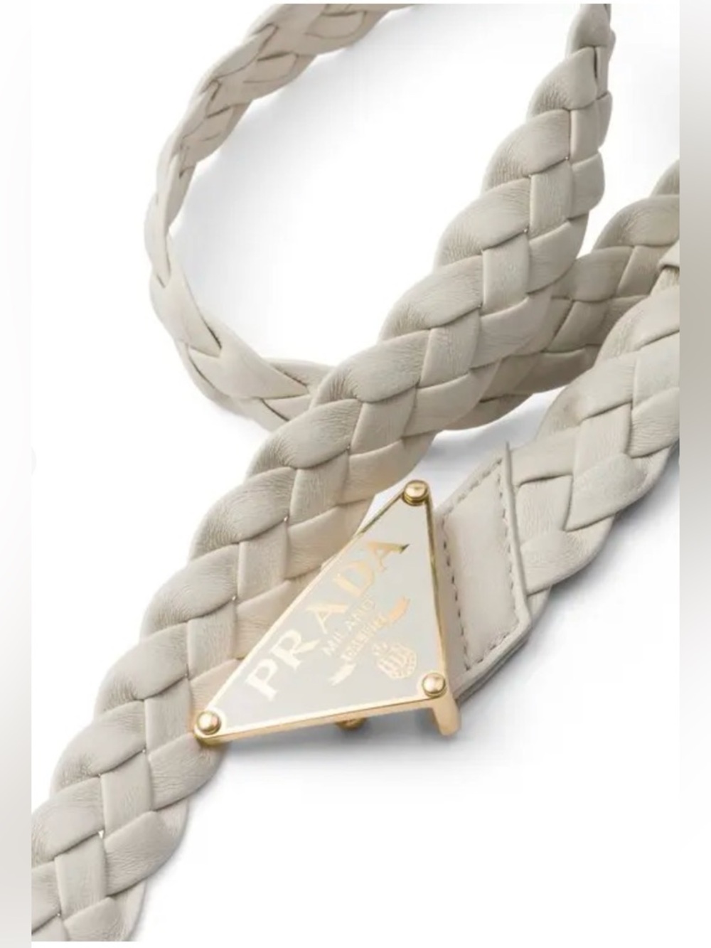 NIB Prada Triangle Logo Braided Nappa Leather Belt in Ivory Size 75 (US 2)